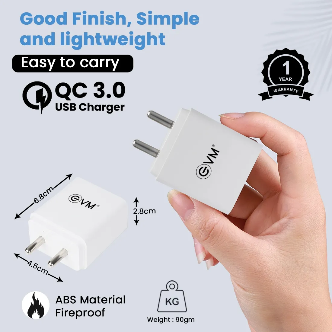 EVM Mobile Charger with TYPE-C Cable QC 3.0  (USB to Type-C) 22.5W view 3